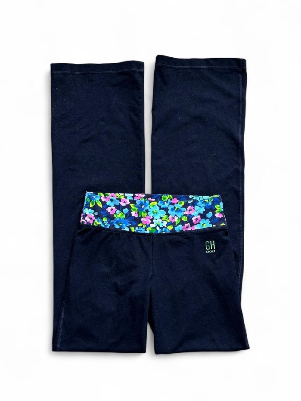 Navy Fold-Over Yoga Pants With Floral Waistband
